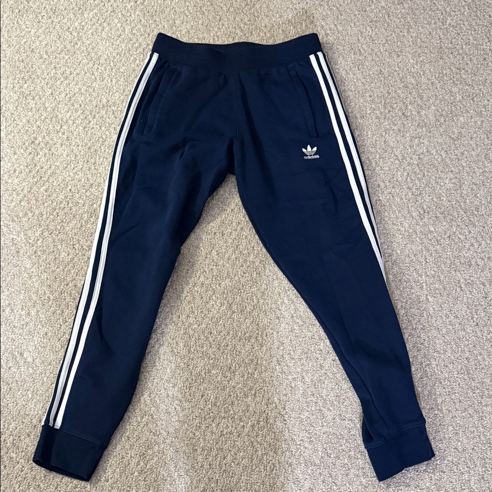 Adidas Dark Blue Joggers with White Stripes, EUC, Medium, 29” inseam